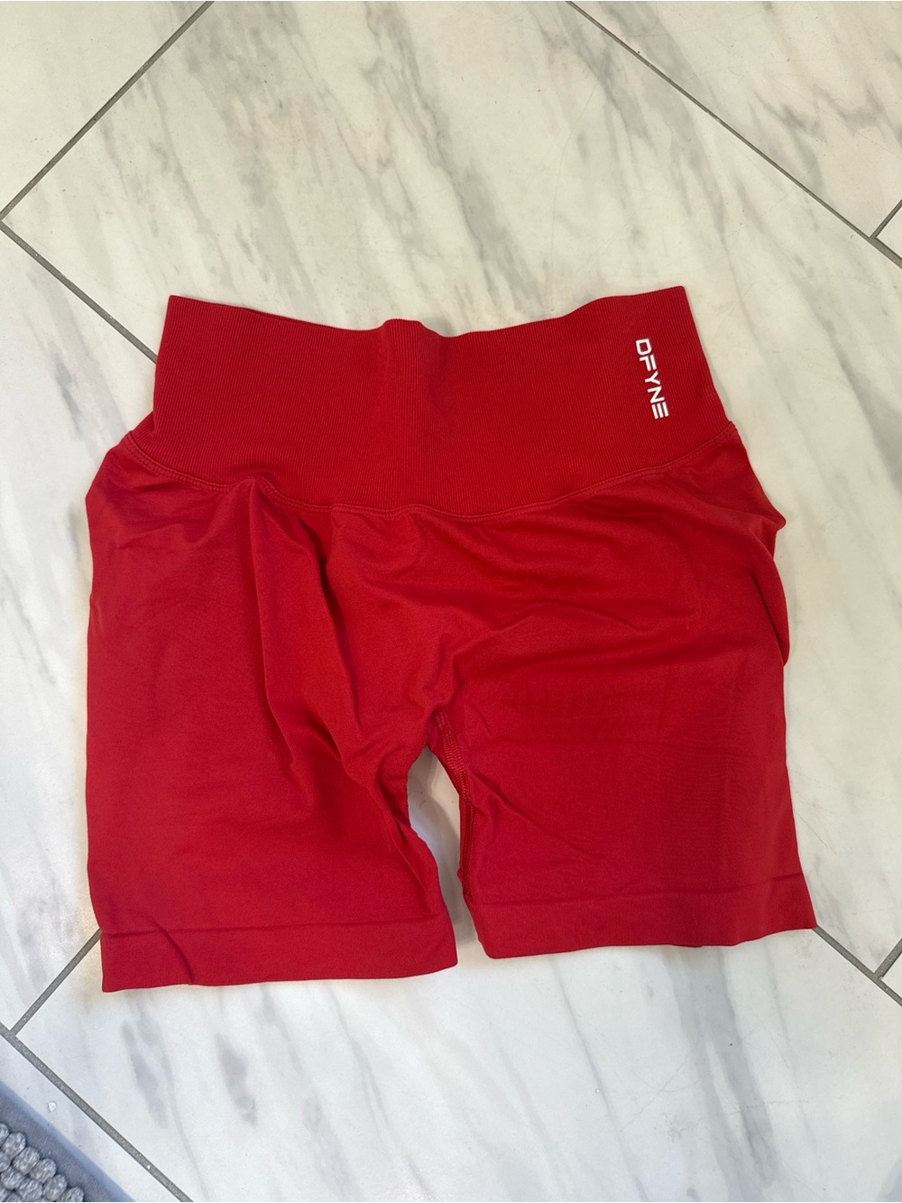 High-Waist Red Bike Shorts with Subtle Logo Waistband
